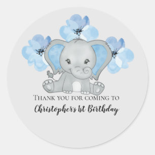 Adesivo Redondo Bebê Elefante Menino Azul Flores Balões Aniversári