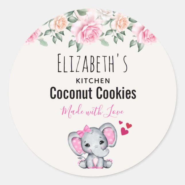 Adesivo Redondo Bebê-Elefante Rosa E Rosas Cozinha-Aquarela (Frente)