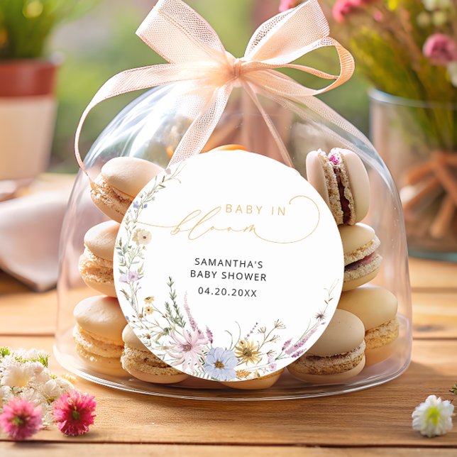 Adesivo Redondo Bebê Em Blogue Flores Selvagens Chá de fraldas (Criador carregado)