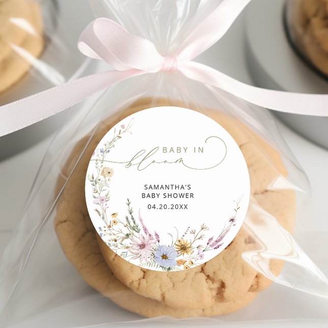 Adesivo Redondo Bebê Em Blogue Flores Selvagens Chá de fraldas Boh (Criador carregado)