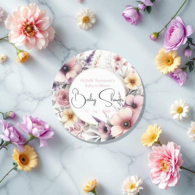 Adesivo Redondo Bebê em Bloom Floral Chá de fraldas (Baby in Bloom Floral Baby Shower Classic Round Sticker)