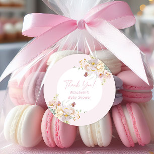 Adesivo Redondo Bebê em Bloush Blush Pink Floral Chá de fraldas