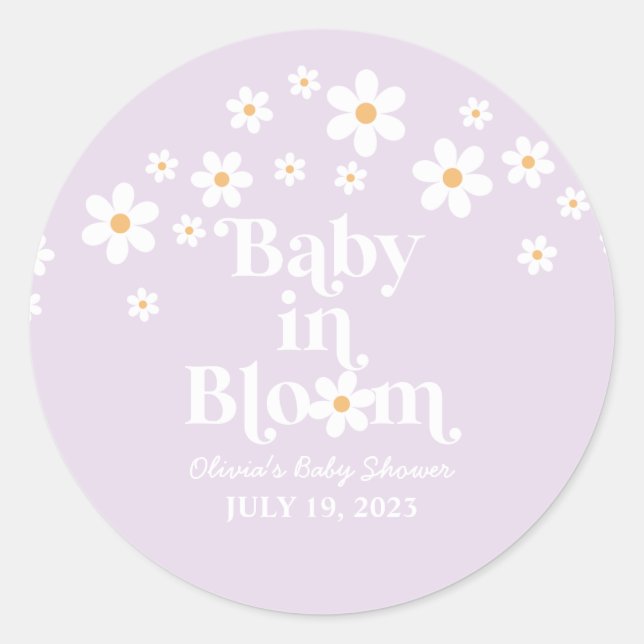 Adesivo Redondo Bebê em Flor Daisy Baby Shower lavanda (Frente)
