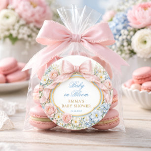Adesivo Redondo Bebê em Flor Elegante Laço Rosa Chuveiro de Bebê V