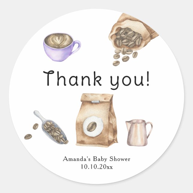 Adesivo Redondo Bebê está criando café Obrigado (Frente)