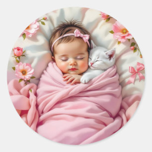 Adesivo Redondo Bebê Floral Rosa e Gatinho Branco