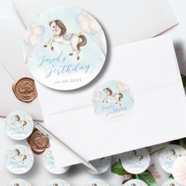 Adesivo Redondo Bebê furioso Pony Blue Balões estrela Aniversário (Criador carregado)