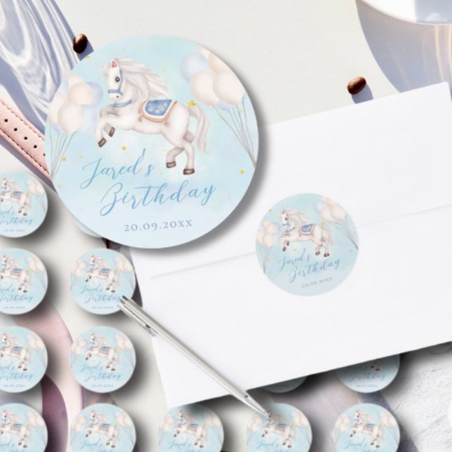 Adesivo Redondo Bebê furioso Pony Blue Balões estrela Aniversário (Criador carregado)