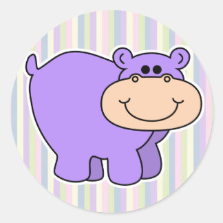Adesivo Redondo bebê hipopótamo roxo com fundo listrado