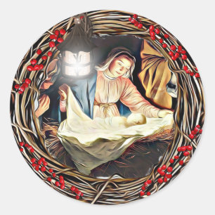 Adesivo Redondo Bebê Jesus e Natal da natividade da Virgem Maria