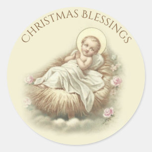 Adesivo Redondo Bebê Jesus em rosas das bênçãos do Natal do
