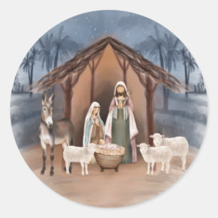 Adesivo Redondo Bebê Jesus nos Rótulos da Natividade de Manger
