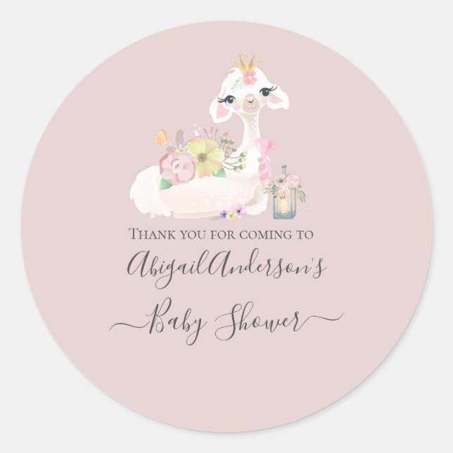 Adesivo Redondo Bebê Llama com Flores Brancas e Rosa Adoráveis (Frente)