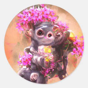 Adesivo Redondo Bebê macaco com flores