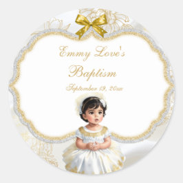 Adesivo Redondo Bebê Menina Batismo Christening White e Dourado