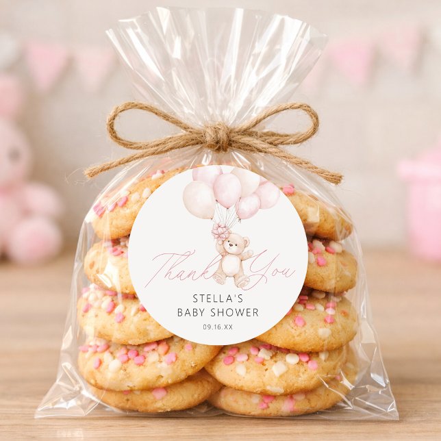 Adesivo Redondo Bebê Menina Ursinho Balões Baby Chá de Bebê (Girl Teddy Bear Balloons Baby Shower Classic Round Sticker)