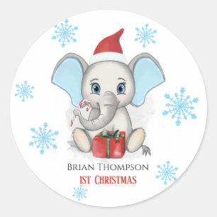 Adesivo Redondo Bebê Menino Primeiro Natal Feriados de Elefante F