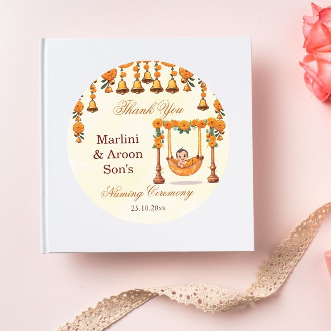 Adesivo Redondo Bebê Naming Cradle Indian Ceremony favor (Baby naming cradle namkaran ceremony favor gift thank you stickers cute baby marigold cradle sticker)