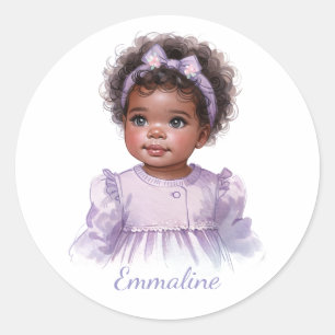 Adesivo Redondo Bebê Negra em Retrato em Aquarela Roxa