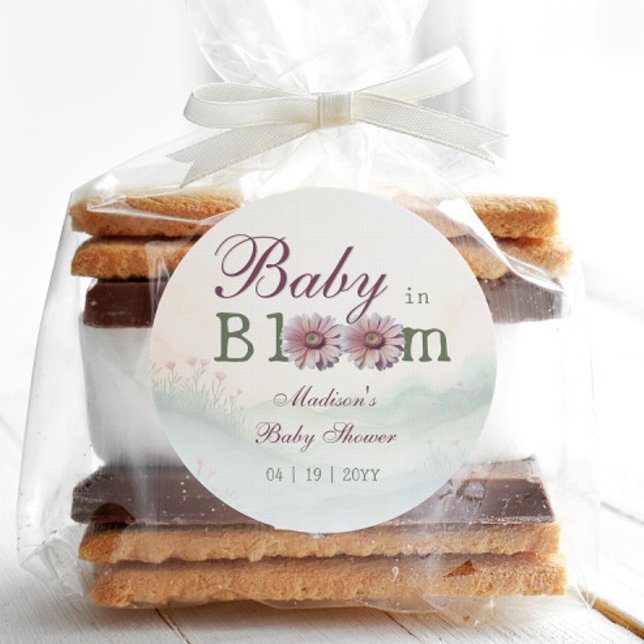 Adesivo Redondo Bebê no Bloom Gerber Daisies Chá de fraldas (Baby in Bloom Gerber Daisies Baby Shower Sticker)