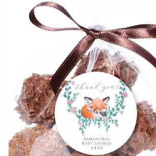 Adesivo Redondo Bebê no Bloom Woodland Fox Greenery Obrigado