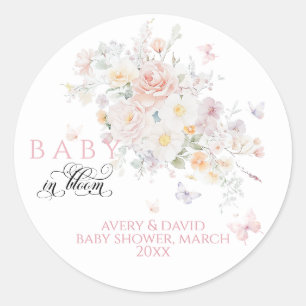 Adesivo Redondo Bebê no Chá de fraldas da borboleta de flores selv