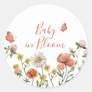 Adesivo Redondo Bebê no chá de fraldas de flor selvagem de Bloom