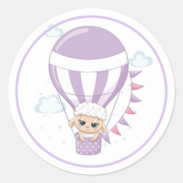 Adesivo Redondo Bebê Ovelha num Ballon de Ar Quente Roxo