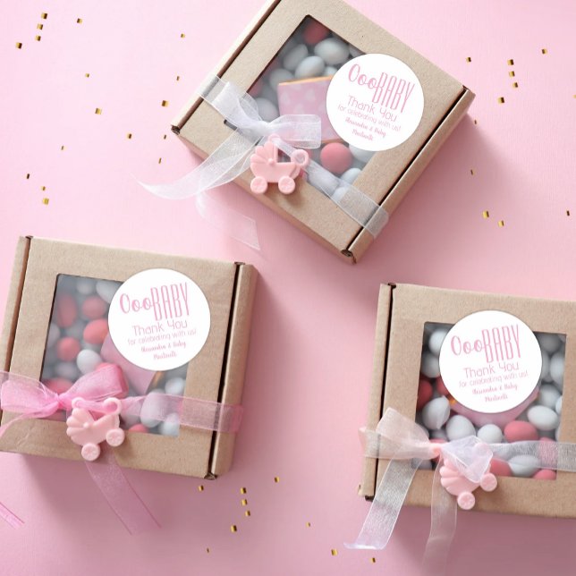 Adesivo Redondo Bebê Rosa Obrigado Chá de fraldas Clássico Ronda (Pink Ooo Baby Thank You 
Customized Stickers for Baby Shower Favors)