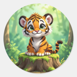 Adesivo Redondo Bebê Tigre | Arte de Berçário de Desenho Animado F