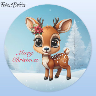 Adesivo Redondo Bebê Veado, Fawn, Doce, Reindeer Floral 🦌 🎄 Neve