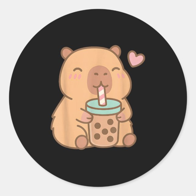 Adesivo Redondo Bebendo de anime Cute Capybara Kawaii - Bubble Tea (Frente)