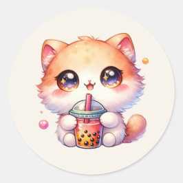 Adesivo Redondo Bebendo de gato Boba Cute Bubble Tea
