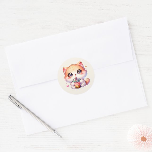Adesivo Redondo Bebendo de gato Boba Cute Bubble Tea (Envelope)