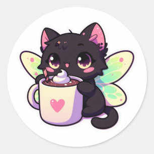 Adesivo Redondo Bebendo de gato-de-fada-bonito, chocolate quente