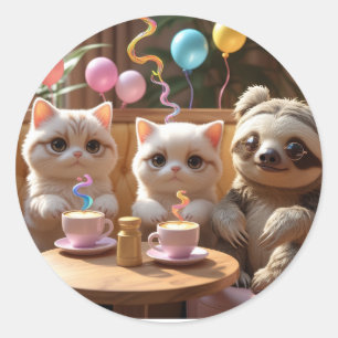 Adesivo Redondo Bebendo Doçura: Vibrações de Cat Café com uma Preg