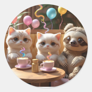 Adesivo Redondo Bebendo Doçura: Vibrações de Cat Café com uma Preg