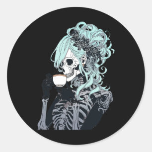 Adesivo Redondo Bebendo Skeleton Mensageiro Bun Halloween Menina