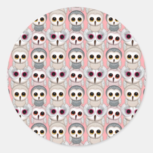 Adesivo Redondo Bebês Corujas em Padrões Rosa (Frente)