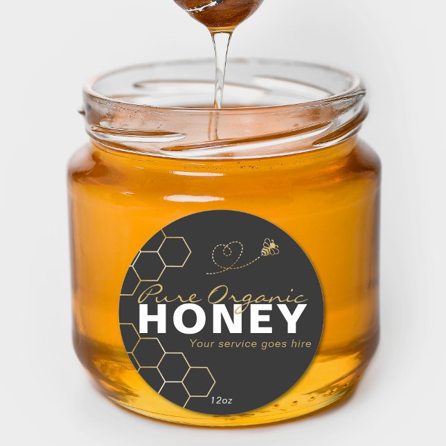 Adesivo Redondo Bebês Dourados de mel moderno preto (Modern Honey Gold Bees Honeycomb Black Classic Round Sticker)