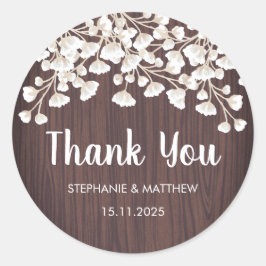 Adesivo Redondo Bebês Rustic Wood Floral Obrigado Casamento