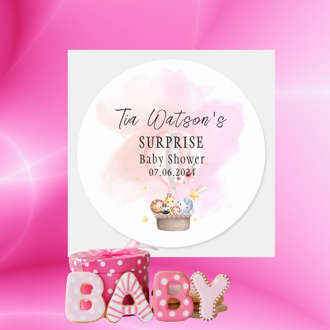 Adesivo Redondo Bebês Safari No Balão De Ar Quente Rosa (Criador carregado)