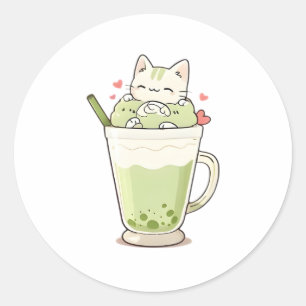 Adesivo Redondo Bebida de Matcha com Boba de Gato Fofo Design Kawa