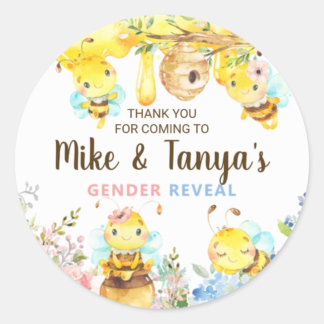 Adesivo Redondo Bee gender reveal thank you stickers, bumblebee. (Frente)