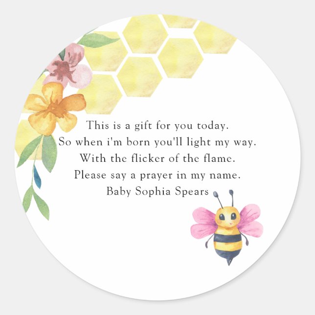 Adesivo Redondo  Bee girl baby shower - Prayer candle label (Frente)