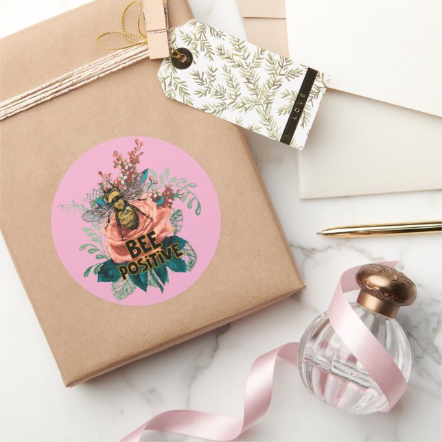 Adesivo Redondo Bee Positive Floral Vibes (Presentear)