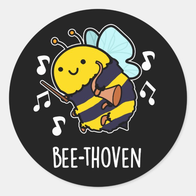 Adesivo Redondo Bee Thoven Funny Music Bee Pun Dark BG (Frente)