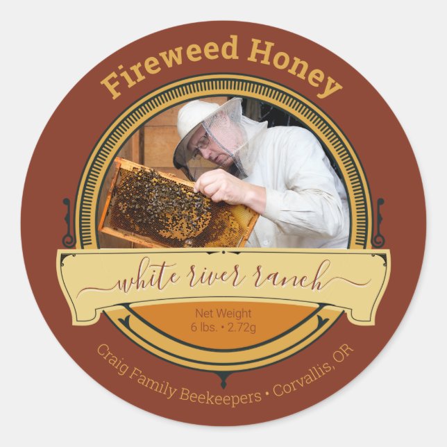 Adesivo Redondo Beekeeper ou Apiary Photo Honey Product (Frente)