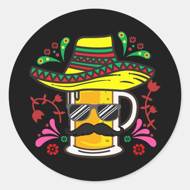 Adesivo Redondo Beer Mug Sombrero Mustache Cinco De Mayo Mexicano (Frente)