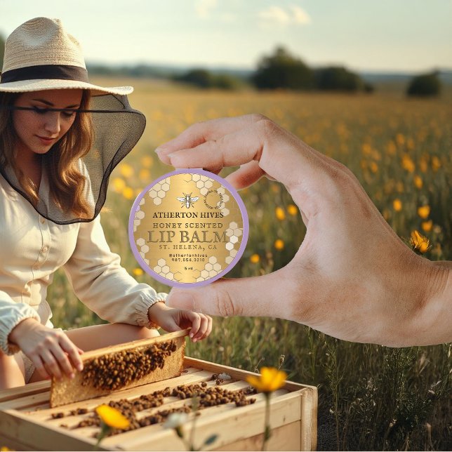 Adesivo Redondo Beeswax Lip Balm Dourado Honeycomb Heraldic Bee (Criador carregado)